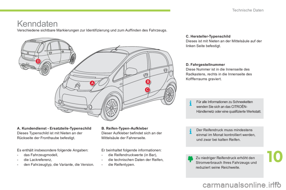 CITROEN C-ZERO 2011  Betriebsanleitungen (in German) 10
i
i
Technische Daten
123
   
 
 
 
 
 
 
 
 
 
 
 
 
 
Kenndaten  
Verschiedene sichtbare Markierungen zur Identifizierung und zum Auffinden des Fahrzeugs. 
A. Kundendienst - Ersatzteile-Typenschil