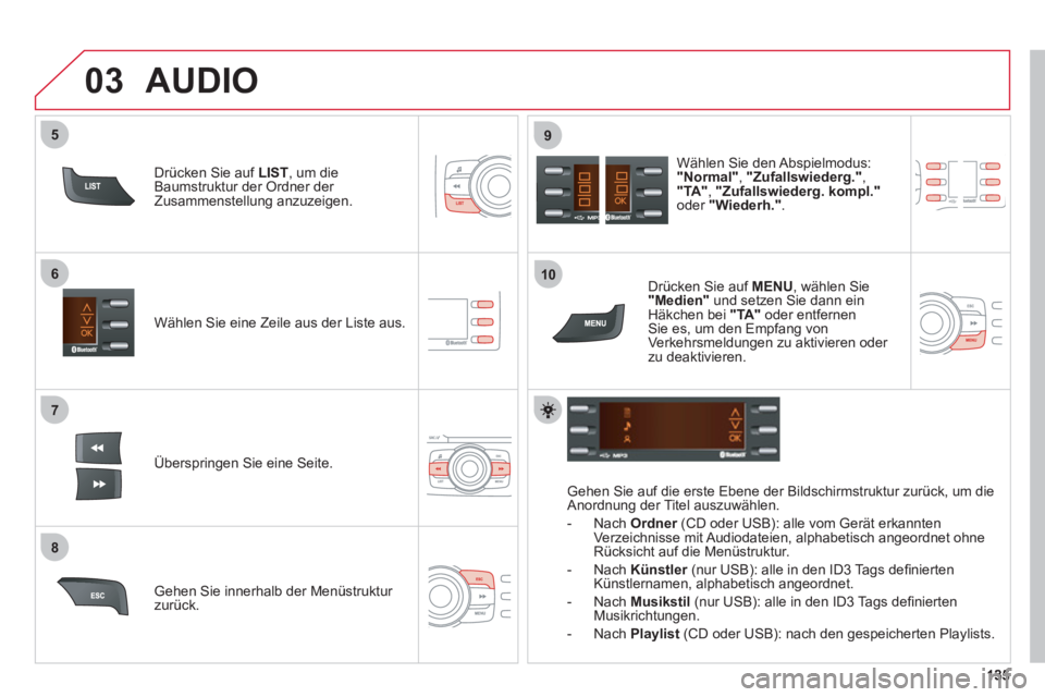 CITROEN C-ZERO 2011  Betriebsanleitungen (in German) 7
6
8
9
03
5
10
Wählen Sie eine Zeile aus der Liste aus.  
Überspringen Sie eine Seite.Wählen Sie den Abs
pielmodus:"Normal" ,  "Zufallswiederg." ,"TA"  , "Zufallswiederg. kompl."oder  "Wiederh." 
