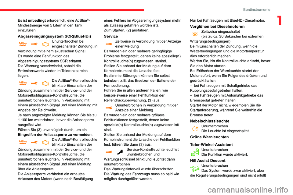 CITROEN C3 AIRCROSS 2021 Betriebsanleitungen (in German) 13
Bordinstrumente
1Es ist unbedingt erforderlich, eine AdBlue®-
Mindestmenge von 5 Litern in den Tank
einzufüllen.
Abgasreinigungssystem SCR(BlueHDi)Ununterbrochen bei eingeschalteter Zündung, in CITROEN C3 AIRCROSS 2021 Betriebsanleitungen (in German) 13
Bordinstrumente
1Es ist unbedingt erforderlich, eine AdBlue®-
Mindestmenge von 5 Litern in den Tank
einzufüllen.
Abgasreinigungssystem SCR(BlueHDi)Ununterbrochen bei eingeschalteter Zündung, in