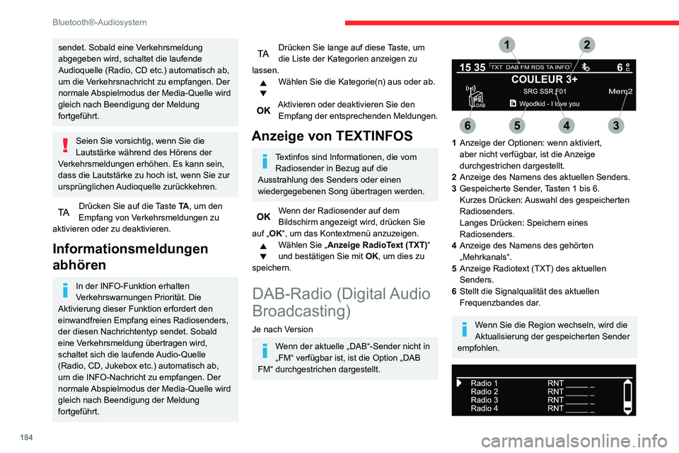 CITROEN C3 AIRCROSS 2021 Betriebsanleitungen (in German) 184
Bluetooth®-Audiosystem
Kompletten Liste aller Radiosender und aller „Mehrkanäle“.
Terrestrisches Digitalradio
Mit dem digitalen Radio können Sie
bessere Qualität und außerdem
zusätzlic CITROEN C3 AIRCROSS 2021 Betriebsanleitungen (in German) 184
Bluetooth®-Audiosystem
Kompletten Liste aller Radiosender und aller „Mehrkanäle“.
Terrestrisches Digitalradio
Mit dem digitalen Radio können Sie
bessere Qualität und außerdem
zusätzlic