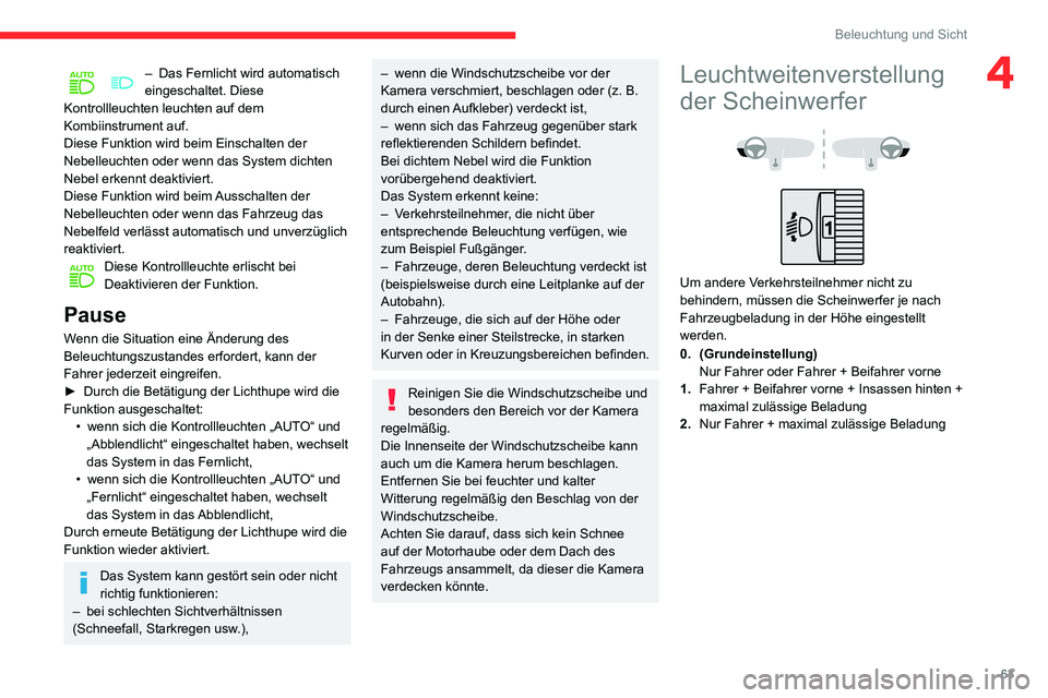 CITROEN C3 AIRCROSS 2021 Betriebsanleitungen (in German) 63
Beleuchtung und Sicht
4– Das Fernlicht wird automatisch eingeschaltet. Diese
Kontrollleuchten leuchten auf dem
Kombiinstrument auf.
Diese Funktion wird beim Einschalten der
Nebelleuchten oder CITROEN C3 AIRCROSS 2021 Betriebsanleitungen (in German) 63
Beleuchtung und Sicht
4– Das Fernlicht wird automatisch eingeschaltet. Diese
Kontrollleuchten leuchten auf dem
Kombiinstrument auf.
Diese Funktion wird beim Einschalten der
Nebelleuchten oder