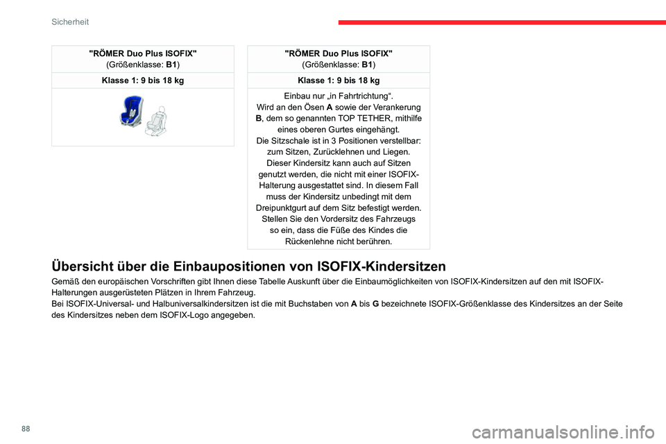CITROEN C3 AIRCROSS 2021  Betriebsanleitungen (in German) 88
Sicherheit
"RÖMER Duo Plus ISOFIX"(Größenklasse: B1)
Klasse 1: 9 bis 18 kg
 
 
"RÖMER Duo Plus ISOFIX" (Größenklasse: B1)
Klasse 1: 9 bis 18 kg
Einbau nur „in Fahrtrichtung