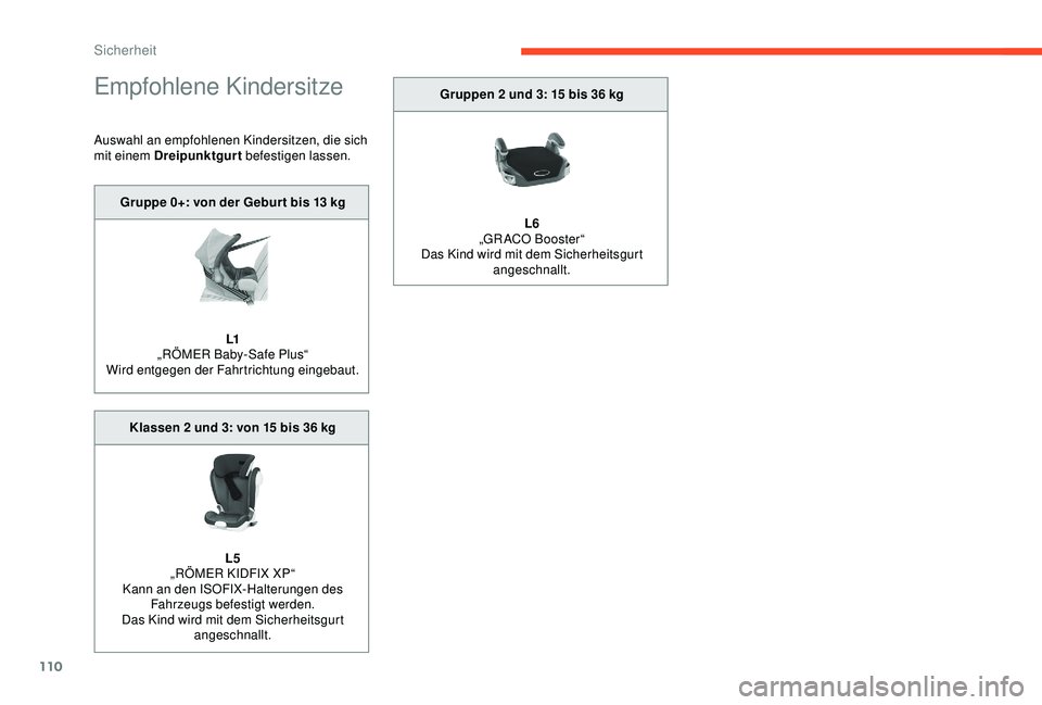 CITROEN C3 AIRCROSS 2019  Betriebsanleitungen (in German) 110
Empfohlene Kindersitze
Auswahl an empfohlenen Kindersitzen, die sich 
mit einem Dreipunktgurt befestigen lassen.
Gruppe 0+: von der Gebur t bis 13
  kg
L1
„RÖMER Baby-Safe Plus“
Wird entgegen