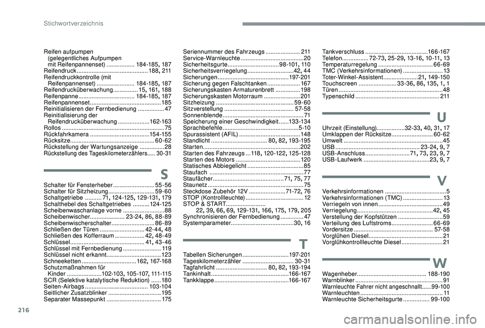 CITROEN C3 AIRCROSS 2019 Betriebsanleitungen (in German) 216
Reifen aufpumpen (gelegentliches Aufpumpen
mit Reifenpannenset)
.................18 4 -185, 187
Reifendruck
...............................
............188, 2 11
Reifendruckkontrolle (mit R CITROEN C3 AIRCROSS 2019 Betriebsanleitungen (in German) 216
Reifen aufpumpen (gelegentliches Aufpumpen
mit Reifenpannenset)
.................18 4 -185, 187
Reifendruck
...............................
............188, 2 11
Reifendruckkontrolle (mit R