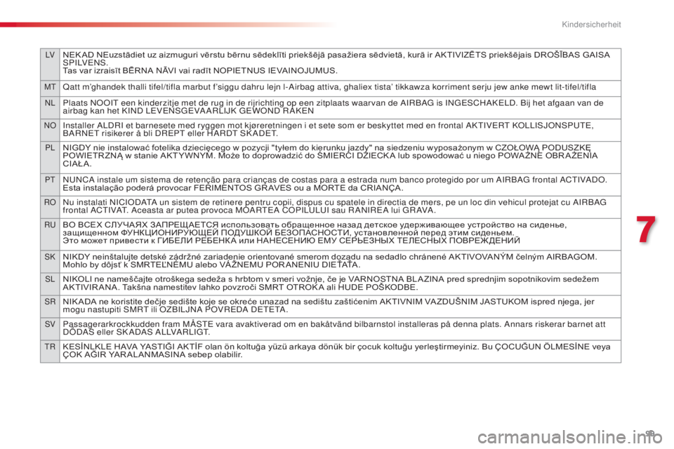 CITROEN C3 PICASSO 2015 Betriebsanleitungen (in German) lVNEK AD NEuzstādiet uz aizmuguri vērstu bērnu sēdeklīti priekšējā pasažiera sēdvietā, kurā ir AKTIVIZĒTS priekšējais DROŠĪBAS GAISA sPilVe n s.
T
as var izraisīt BĒRNA NĀVI vai ra CITROEN C3 PICASSO 2015 Betriebsanleitungen (in German) lVNEK AD NEuzstādiet uz aizmuguri vērstu bērnu sēdeklīti priekšējā pasažiera sēdvietā, kurā ir AKTIVIZĒTS priekšējais DROŠĪBAS GAISA sPilVe n s.
T
as var izraisīt BĒRNA NĀVI vai ra