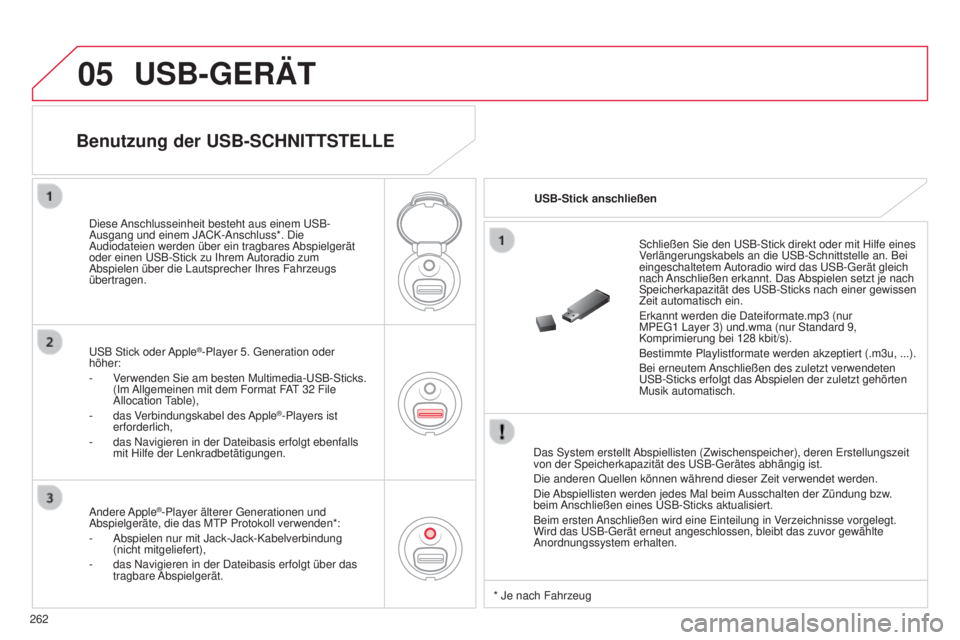 CITROEN C3 PICASSO 2015 Betriebsanleitungen (in German) 05
262
C3Picasso_de_Chap13c_Rd45_ed01_2014
USB-GERäT
das system erstellt abspiellisten (Zwischenspeicher), deren e rstellungszeit
von der s peicherkapazität des us B- g erätes abhängig ist.
d
CITROEN C3 PICASSO 2015 Betriebsanleitungen (in German) 05
262
C3Picasso_de_Chap13c_Rd45_ed01_2014
USB-GERäT
das system erstellt abspiellisten (Zwischenspeicher), deren e rstellungszeit
von der s peicherkapazität des us B- g erätes abhängig ist.
d
