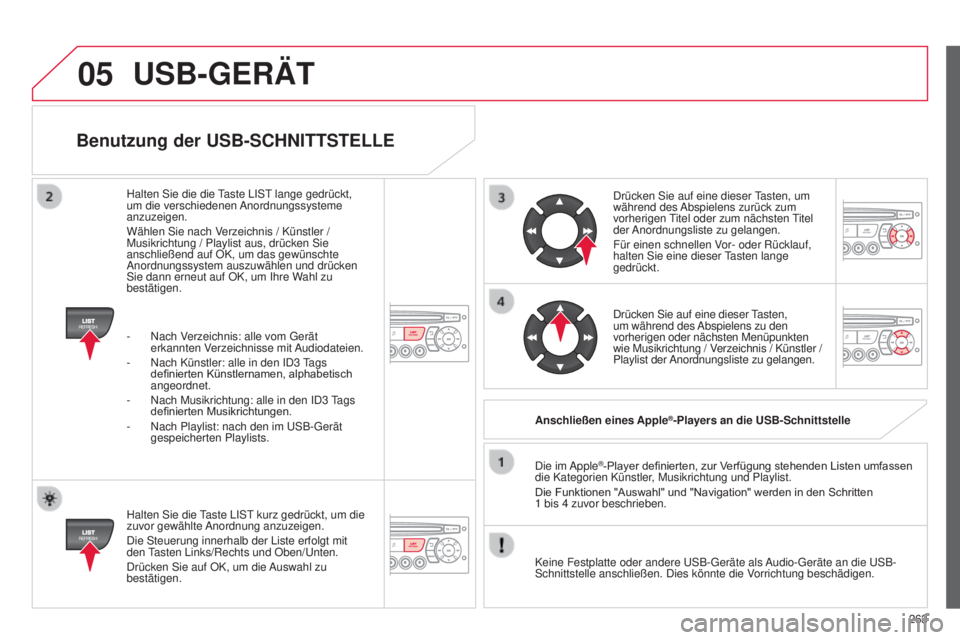 CITROEN C3 PICASSO 2015 Betriebsanleitungen (in German) 05
263
C3Picasso_de_Chap13c_Rd45_ed01_2014
Benutzung der USB-SCHNITTSTELLE
Halten sie die taste list kurz gedrückt, um die
zuvor gewählte a nordnung anzuzeigen.
d
ie s teuerung innerhalb der l i CITROEN C3 PICASSO 2015 Betriebsanleitungen (in German) 05
263
C3Picasso_de_Chap13c_Rd45_ed01_2014
Benutzung der USB-SCHNITTSTELLE
Halten sie die taste list kurz gedrückt, um die
zuvor gewählte a nordnung anzuzeigen.
d
ie s teuerung innerhalb der l i