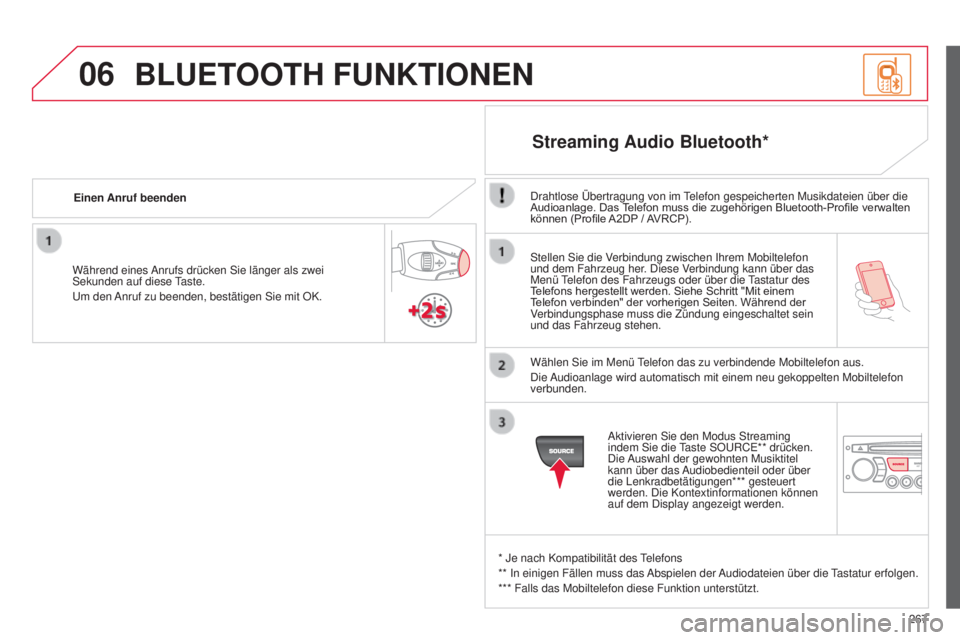 CITROEN C3 PICASSO 2015 Betriebsanleitungen (in German) 06
267
C3Picasso_de_Chap13c_Rd45_ed01_2014
stellen sie die Verbindung zwischen ihrem Mobiltelefon
und dem Fahrzeug her . d iese Verbindung kann über das
Menü
telefon des Fahrzeugs oder über die CITROEN C3 PICASSO 2015 Betriebsanleitungen (in German) 06
267
C3Picasso_de_Chap13c_Rd45_ed01_2014
stellen sie die Verbindung zwischen ihrem Mobiltelefon
und dem Fahrzeug her . d iese Verbindung kann über das
Menü
telefon des Fahrzeugs oder über die