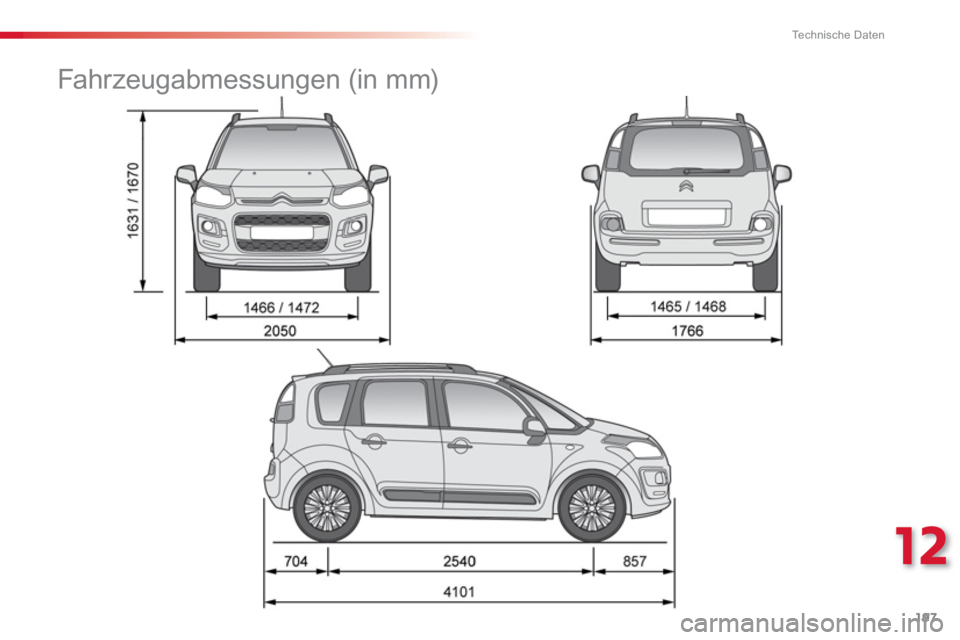 CITROEN C3 PICASSO 2014  Betriebsanleitungen (in German) 12
Technische Daten
197
   
 
 
 
 
Fahrzeugabmessungen (in mm)  