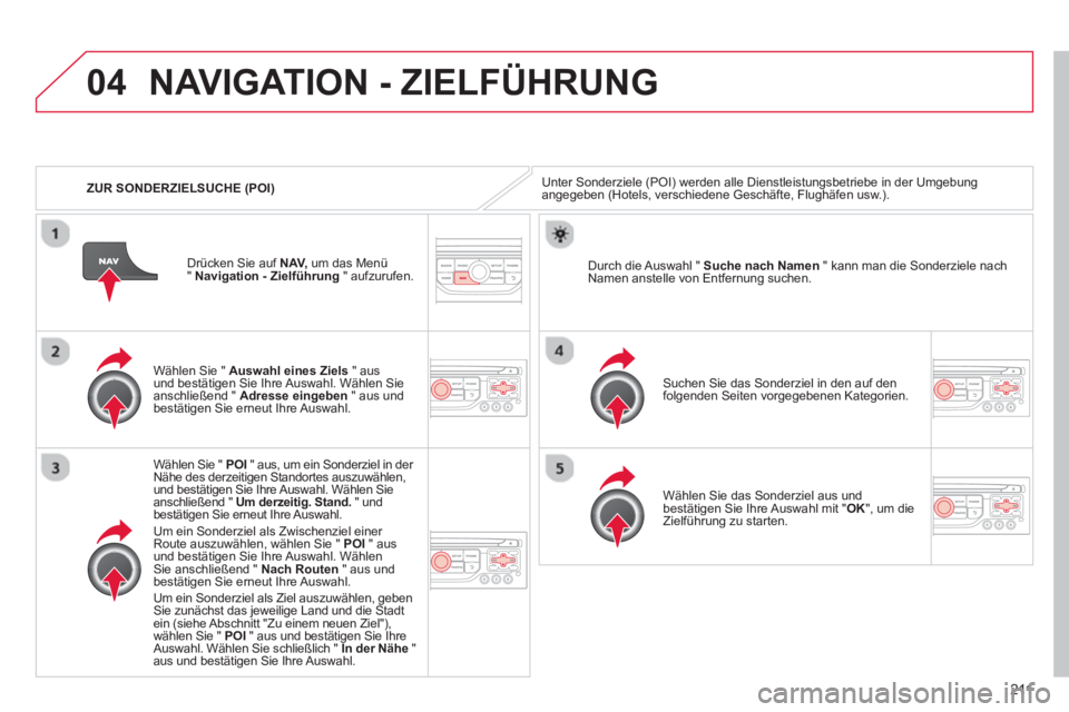 CITROEN C3 PICASSO 2014 Betriebsanleitungen (in German) 211
04
ZUR SONDERZIELSUCHE (POI)
NAVIGATION - ZIELFÜHRUNG
Unter Sonderziele (POI) werden alle Dienstleistungsbetriebe in der Umgebungangegeben (Hotels, verschiedene Geschäfte, Flughäfen usw CITROEN C3 PICASSO 2014 Betriebsanleitungen (in German) 211
04
ZUR SONDERZIELSUCHE (POI)
NAVIGATION - ZIELFÜHRUNG
Unter Sonderziele (POI) werden alle Dienstleistungsbetriebe in der Umgebungangegeben (Hotels, verschiedene Geschäfte, Flughäfen usw