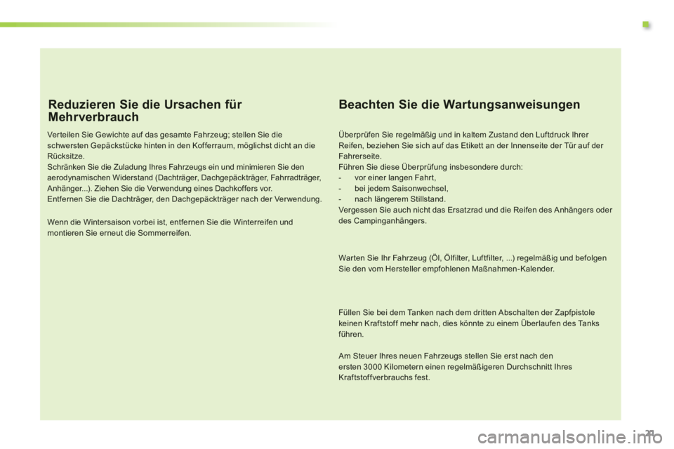 CITROEN C3 PICASSO 2014 Betriebsanleitungen (in German) .
21
Reduzieren Sie die Ursachen für
Mehrverbrauch
Ver teilen Sie Gewichte auf das gesamte Fahrzeug; stellen Sie dieschwersten Gepäckstücke hinten in den Kofferraum, möglichst dicht an die R CITROEN C3 PICASSO 2014 Betriebsanleitungen (in German) .
21
Reduzieren Sie die Ursachen für
Mehrverbrauch
Ver teilen Sie Gewichte auf das gesamte Fahrzeug; stellen Sie dieschwersten Gepäckstücke hinten in den Kofferraum, möglichst dicht an die R