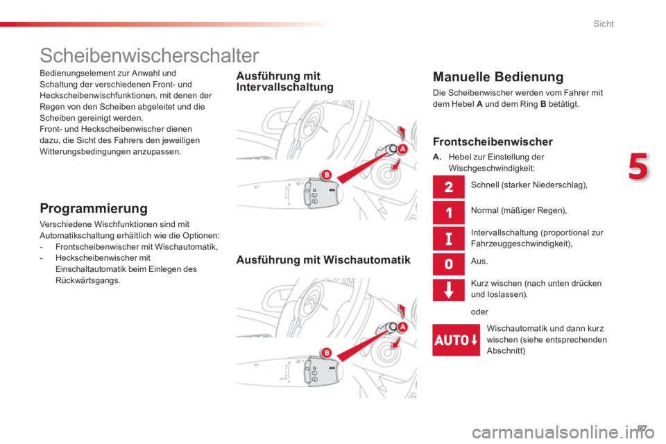 CITROEN C3 PICASSO 2014 Betriebsanleitungen (in German) 5
Sicht
87
Scheibenwischerschalter
Manuelle Bedienung
Die Scheibenwischer werden vom Fahrer mitdem Hebel A
und dem Ring B
betätigt.
Ausführung mit
Intervallschalt CITROEN C3 PICASSO 2014 Betriebsanleitungen (in German) 5
Sicht
87
Scheibenwischerschalter
Manuelle Bedienung
Die Scheibenwischer werden vom Fahrer mitdem Hebel A
und dem Ring B
betätigt.
Ausführung mit
Intervallschalt
