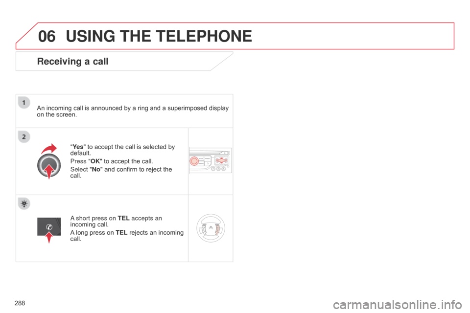 Citroen C5 RHD 2014.5 (RD/TD) / 2.G Owners Manual 06
288
USING THE TELEPHONE
Receiving a call
An incoming call is announced by a ring and a superimposed display 
on the screen."Ye s" to accept the call is selected by 
default.
Press "OK" to accept th