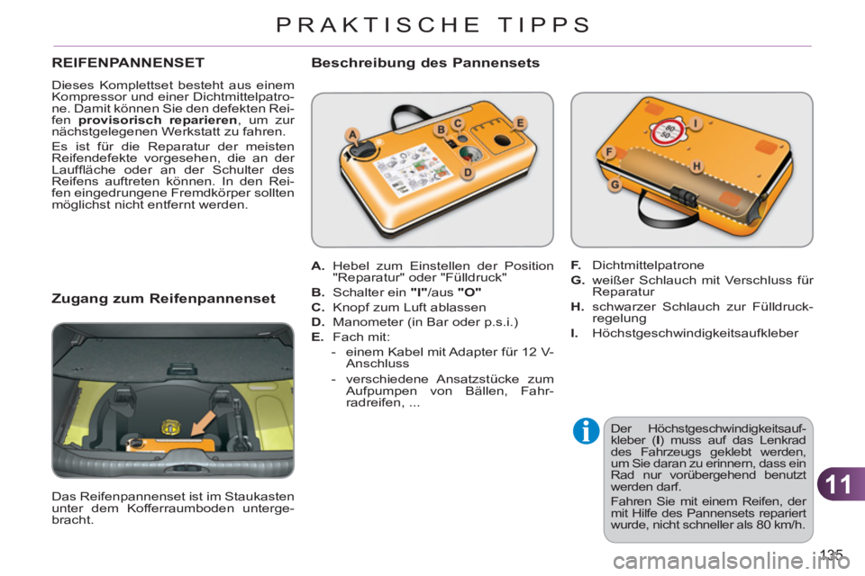 CITROEN C3 PICASSO 2012  Betriebsanleitungen (in German) 11
135
PRAKTISCHE TIPPS
REIFENPANNENSET
  Dieses Komplettset besteht aus einem 
Kompressor und einer Dichtmittelpatro-
ne. Damit können Sie den defekten Rei-
fen  provisorisch reparieren 
, um zur 
n