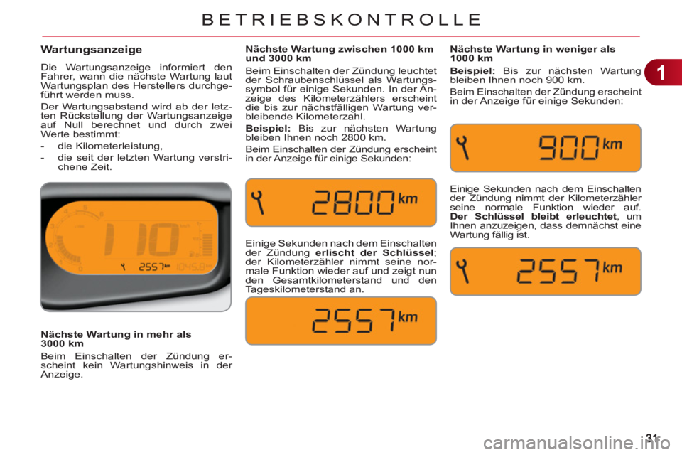 CITROEN C3 PICASSO 2012 Betriebsanleitungen (in German) 1
BETRIEBSKONTROLLE
Wartungsanzeige
Die Wartungsanzeige informiert den
Fahrer, wann die nächste Wartung laut
Wartungsplan des Herstellers durchge-
führt werden muss.
Der Wartungsabstand wird CITROEN C3 PICASSO 2012 Betriebsanleitungen (in German) 1
BETRIEBSKONTROLLE
Wartungsanzeige
Die Wartungsanzeige informiert den
Fahrer, wann die nächste Wartung laut
Wartungsplan des Herstellers durchge-
führt werden muss.
Der Wartungsabstand wird