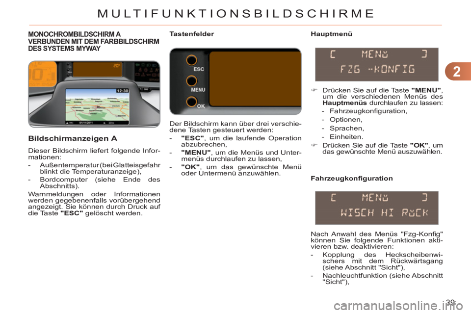 CITROEN C3 PICASSO 2012 Betriebsanleitungen (in German) 2
39
MULTIFUNKTIONSBILDSCHIRME
MONOCHROMBILDSCHIRM A VERBUNDEN MIT DEM FARBBILDSCHIRM DES SYSTEMS MYWAY
Hauptmenü
Bildschirmanzeigen A
Dieser Bildschirm liefert folgende Infor-
mationen: CITROEN C3 PICASSO 2012 Betriebsanleitungen (in German) 2
39
MULTIFUNKTIONSBILDSCHIRME
MONOCHROMBILDSCHIRM A VERBUNDEN MIT DEM FARBBILDSCHIRM DES SYSTEMS MYWAY
Hauptmenü
Bildschirmanzeigen A
Dieser Bildschirm liefert folgende Infor-
mationen: