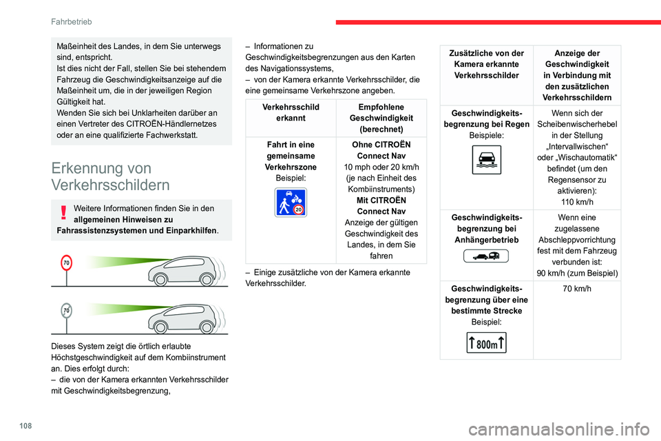 CITROEN C4 2021  Betriebsanleitungen (in German) 108
Fahrbetrieb
Maßeinheit des Landes, in dem Sie unterwegs 
sind, entspricht.
Ist dies nicht der Fall, stellen Sie bei stehendem 
Fahrzeug die Geschwindigkeitsanzeige auf die 
Maßeinheit um, die in