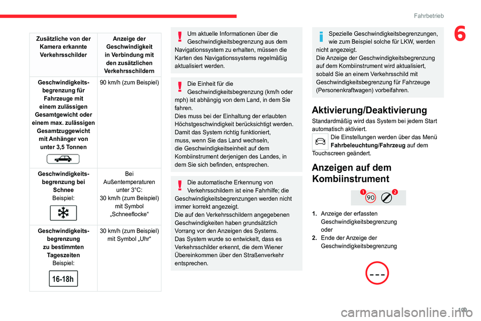 CITROEN C4 2021  Betriebsanleitungen (in German) 109
Fahrbetrieb
6Zusätzliche von der Kamera erkannte Verkehrsschilder Anzeige der 
Geschwindigkeit 
in Verbindung mit  den zusätzlichen 
Verkehrsschildern
Geschwindigkeits- begrenzung für Fahrzeuge
