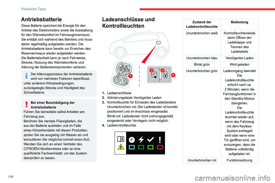 CITROEN C4 2021  Betriebsanleitungen (in German) 148
Praktische Tipps
Antriebsbatterie
Diese Batterie speichert die Energie für den 
Antrieb des Elektromotors sowie die Ausstattung 
für den Wärmekomfort im Fahrzeuginnenraum. 
Sie entlädt sich w