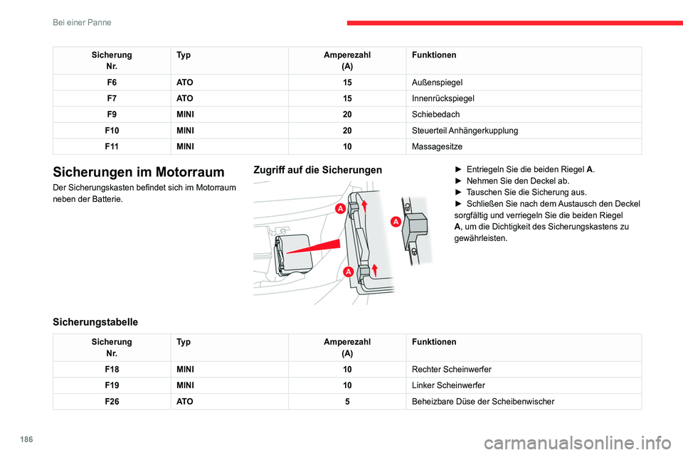 CITROEN C4 2021  Betriebsanleitungen (in German) 186
Bei einer Panne
12V-Batterie / 
Zusatzbatterie
Anleitung zum Starten des Motors mit einer anderen Batterie oder zum Aufladen einer 
entladenen Batterie.
Bleihaltige Starterbatterien
Diese Batterie