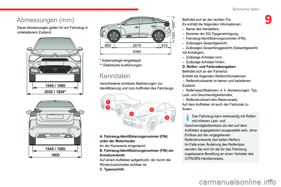 CITROEN C4 2021  Betriebsanleitungen (in German) 197
Technische Daten
9Abmessungen (mm)
Diese Abmessungen gelten für ein Fahrzeug in 
unbeladenem Zustand.
 
 
 
 
 
 
* Außenspiegel  eingeklappt
**  Elektrische Ausführungen
Kenndaten
Verschiedene