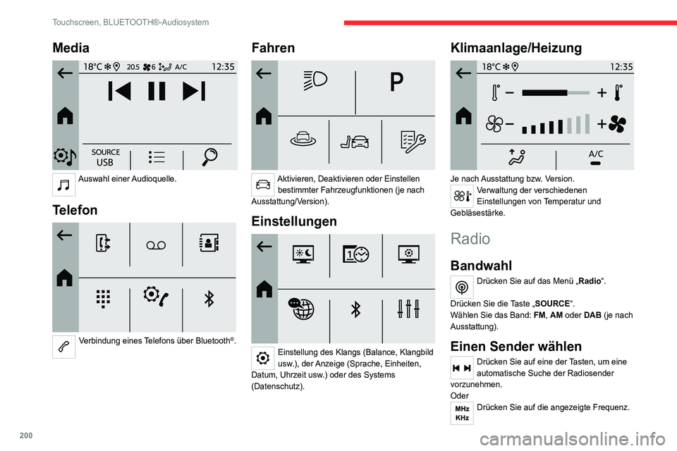 CITROEN C4 2021  Betriebsanleitungen (in German) 200
Touchscreen, BLUETOOTH®-Audiosystem
Media 
 
Auswahl  einer Audioquelle. 
Telefon 
 
Verbindung eines Telefons über Bluetooth®.
Fahren 
 
Aktivieren, Deaktivieren oder Einstellen 
bestimmter Fa