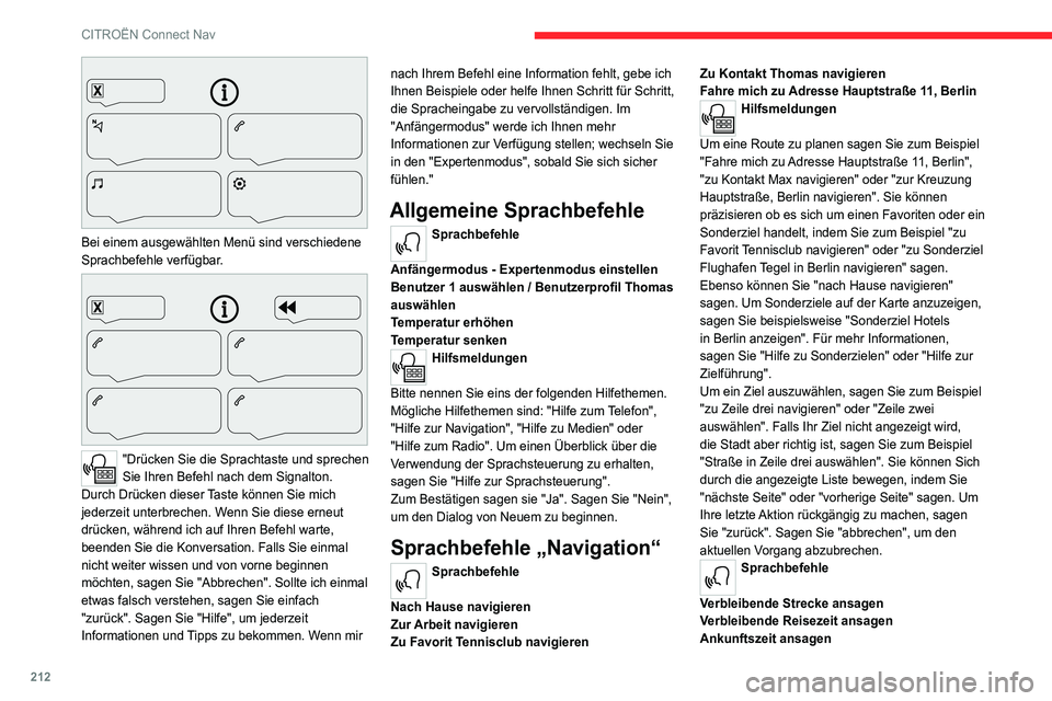 CITROEN C4 2021  Betriebsanleitungen (in German) 212
CITROËN Connect Nav
 
Bei einem ausgewählten Menü sind verschiedene 
Sprachbefehle verfügbar.
 
 
"Drücken Sie die Sprachtaste und sprechen 
Sie Ihren Befehl nach dem Signalton. 
Durch Dr