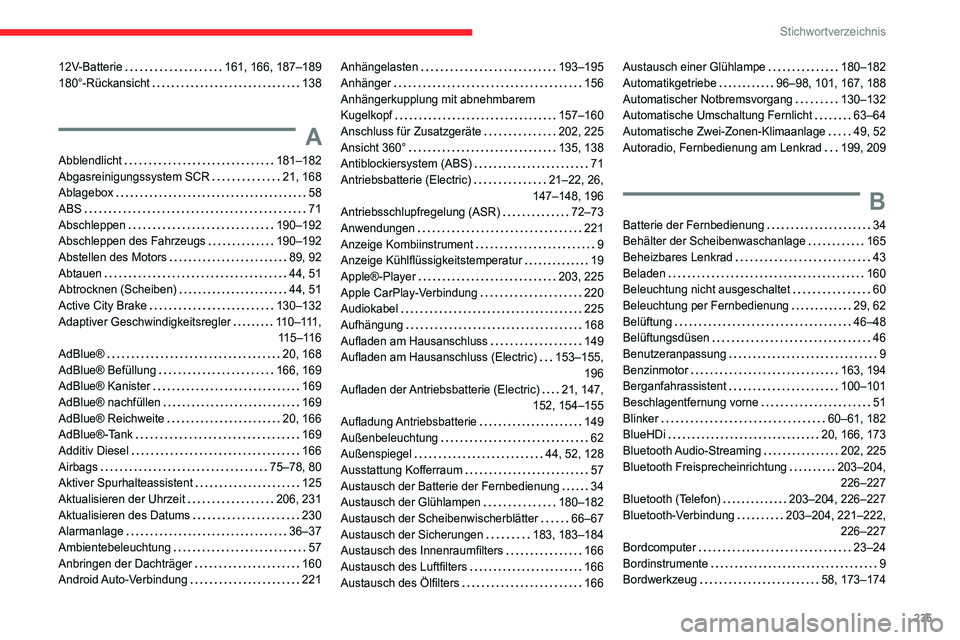 CITROEN C4 2021  Betriebsanleitungen (in German) 235
Stichwortverzeichnis
12V-Batterie    161, 166, 187–189
180°-Rückansicht     
138
A
Abblendlicht    181–182
Abgasreinigungssystem SCR    
21, 168
Ablagebox
    
58
ABS
    
71
Abschleppen
   