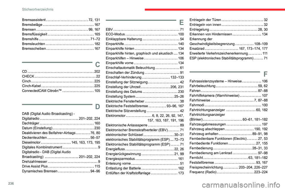 CITROEN C4 2021  Betriebsanleitungen (in German) 236
Stichwortverzeichnis
Bremsassistent    72, 131
Bremsbeläge     
167
Bremsen
    
99, 167
Bremsflüssigkeit
    
165
Bremshilfe
    
71–72
Bremsleuchten
    
182
Bremsscheiben
    
167
C
CD    2
