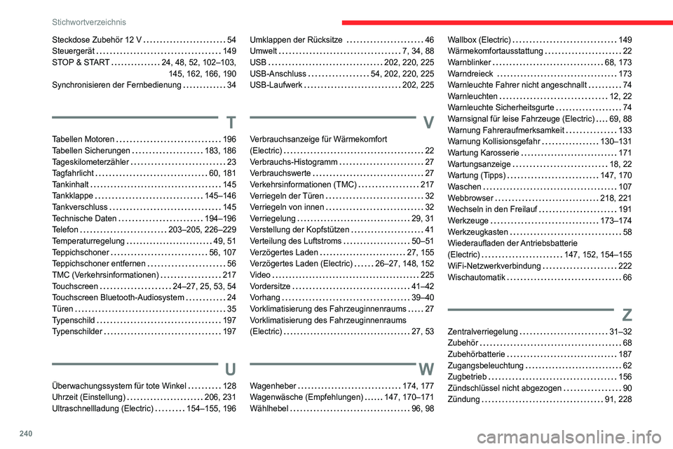 CITROEN C4 2021  Betriebsanleitungen (in German) 240
Stichwortverzeichnis
Steckdose Zubehör 12 V    54
Steuergerät     
149
STOP & START
 

  
24, 48, 52, 102–103,  
145, 162, 166, 190
Synchronisieren der Fernbedienung
     
34
T
Tabellen Motore