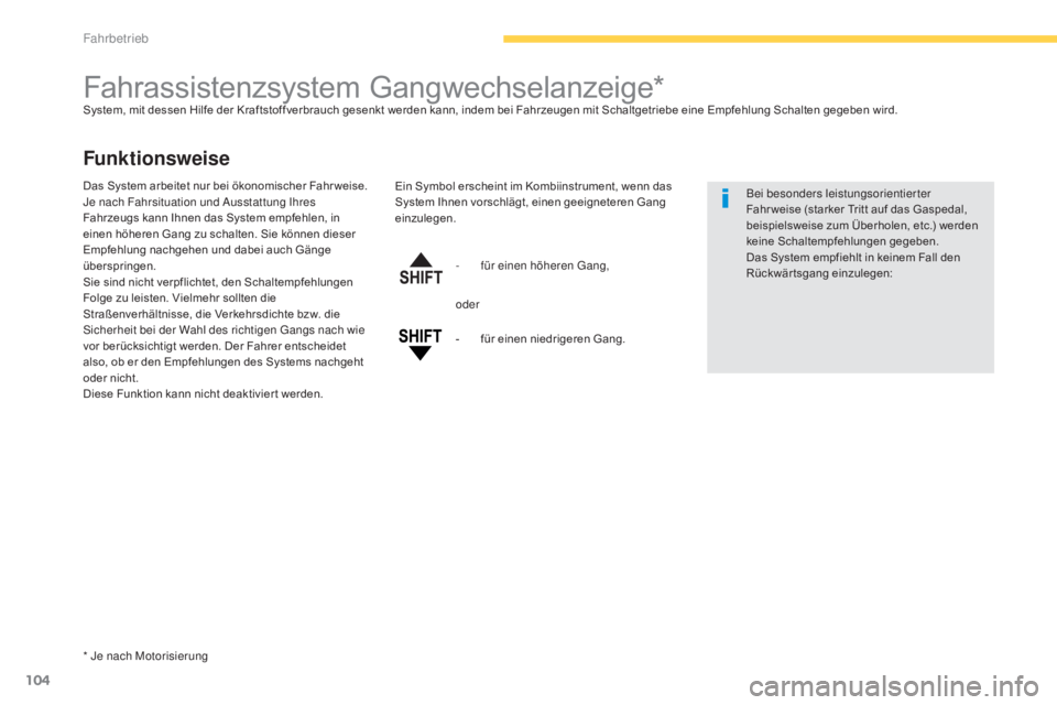 CITROEN C4 AIRCROSS 2016 Betriebsanleitungen (in German) 104
C4-Aircross_de_Chap04_conduite_ed01-2014
Fahrassistenzsystem Gangwechselanzeige*System, mit dessen Hilfe der Kraftstoffverbrauch gesenkt werden kann, indem bei Fahrzeugen mit Schaltgetriebe eine E CITROEN C4 AIRCROSS 2016 Betriebsanleitungen (in German) 104
C4-Aircross_de_Chap04_conduite_ed01-2014
Fahrassistenzsystem Gangwechselanzeige*System, mit dessen Hilfe der Kraftstoffverbrauch gesenkt werden kann, indem bei Fahrzeugen mit Schaltgetriebe eine E