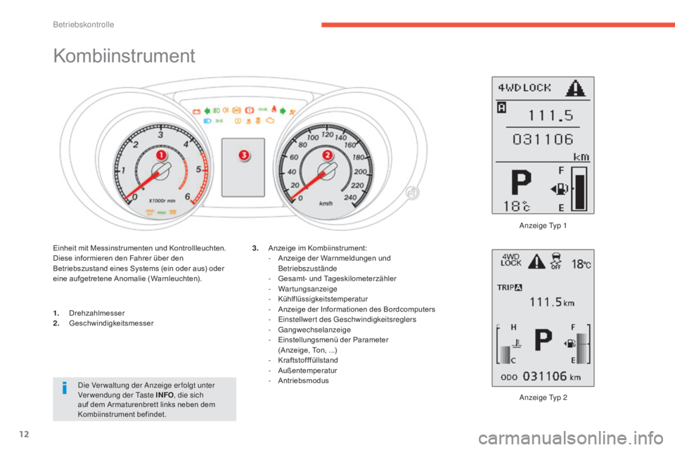 CITROEN C4 AIRCROSS 2016  Betriebsanleitungen (in German) 12
Kombiinstrument
1. Drehzahlmesser
2. G eschwindigkeitsmesser
Anzeige 
t
y
 p 2
3.
 A

nzeige im Kombiinstrument:
-  
A
 nzeige der Warnmeldungen und 
Betriebszustände
-  
G
 esamt- und Tageskilome