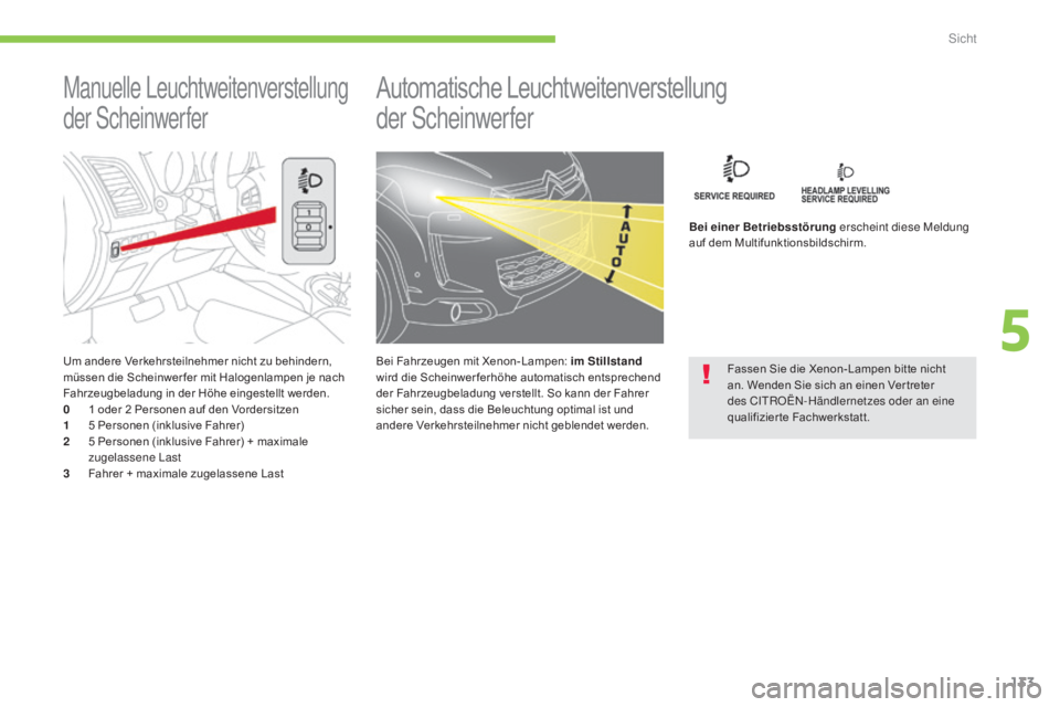 CITROEN C4 AIRCROSS 2016  Betriebsanleitungen (in German) 133
C4-Aircross_de_Chap05_visibilite_ed01-2014
Um andere Verkehrsteilnehmer nicht zu behindern, 
müssen die Scheinwer fer mit Halogenlampen je nach 
Fahrzeugbeladung in der Höhe eingestellt werden.
