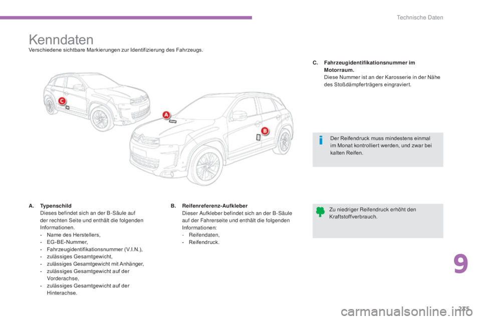 CITROEN C4 AIRCROSS 2016 Betriebsanleitungen (in German) 235
C4-Aircross_de_Chap09_caracteristiques-techniques_ed01-2014
KenndatenVerschiedene sichtbare Markierungen zur Identifizierung des Fahrzeugs.
A.
T
ypenschild
d
i
eses befindet sich an der B-
CITROEN C4 AIRCROSS 2016 Betriebsanleitungen (in German) 235
C4-Aircross_de_Chap09_caracteristiques-techniques_ed01-2014
KenndatenVerschiedene sichtbare Markierungen zur Identifizierung des Fahrzeugs.
A.
T
ypenschild
d
i
eses befindet sich an der B-