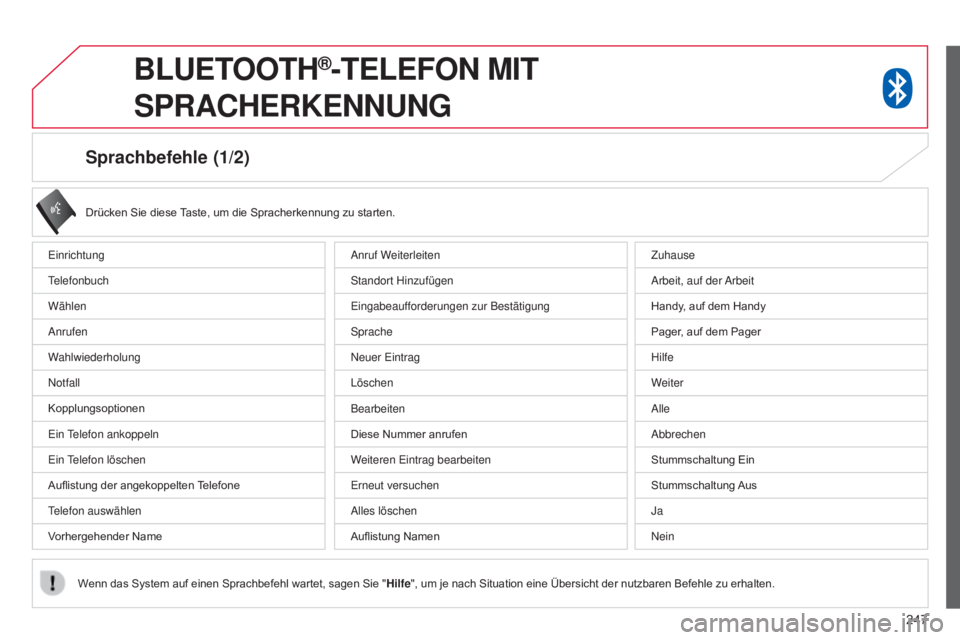 CITROEN C4 AIRCROSS 2016  Betriebsanleitungen (in German) 247
Sprachbefehle (1/2)
einrichtung
telefonbuch
Wählen
Anrufen
W

ahlwiederholung
n

otfall
Kopplungsoptionen
e

in  t
elefon 
 ankoppeln
e

in  t
elefon 
 löschen
Auflistung der angekoppelten Telef