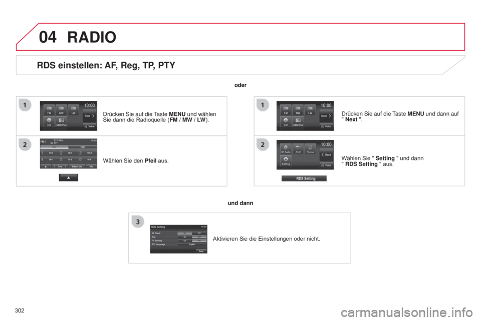 CITROEN C4 AIRCROSS 2016  Betriebsanleitungen (in German) 04
302
RDS einstellen: AF, Reg, TP, PTY
Wählen sie den Pfeil  aus. Wählen Sie " Setting " und dann  
" RDS Setting " aus.
d
 rücken  s ie auf die 
taste 
 MENU und dann auf 
" N