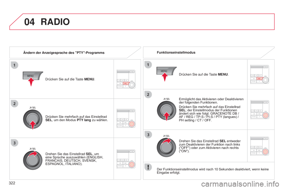 CITROEN C4 AIRCROSS 2016  Betriebsanleitungen (in German) 04
322
C4-Aircross_de_Chap10d_Mitsu4_ed01-2014
RADIO
Ändern der Anzeigesprache des "PTY"-ProgrammsFunktionseinstellmodus
Ermöglicht das Aktivieren oder Deaktivieren 
der folgenden Funktionen
