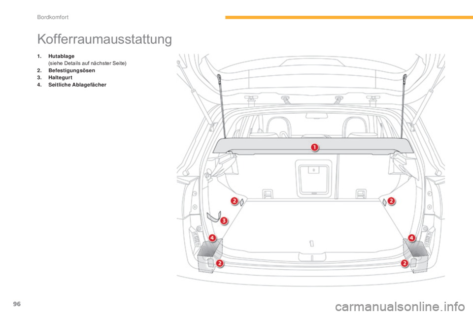CITROEN C4 AIRCROSS 2016  Betriebsanleitungen (in German) 96
C4-Aircross_de_Chap03_confort_ed01-2014
Kofferraumausstattung
1. Hutablage  (
siehe Details auf nächster Seite)
2.
 B

efestigungsösen
3.
 H

altegurt
4.
 S

eitliche Ablagefächer  
Bordkomfort 