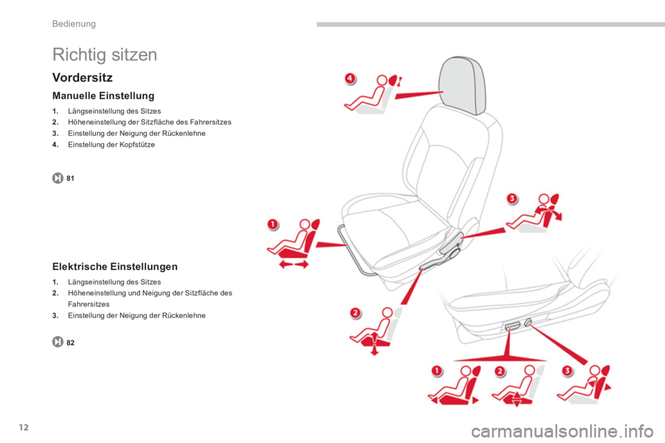 CITROEN C4 AIRCROSS 2014  Betriebsanleitungen (in German) 12
Bedienung
  Richtig sitzen 
 
 
Vord er si t z 
 
 
Manuelle Einstellung 
 
 
 
1. 
  Längseinstellung des Sitzes 
   
2. 
  Höheneinstellung der Sitzfläche des Fahrersitzes 
   
3. 
  Einstellu