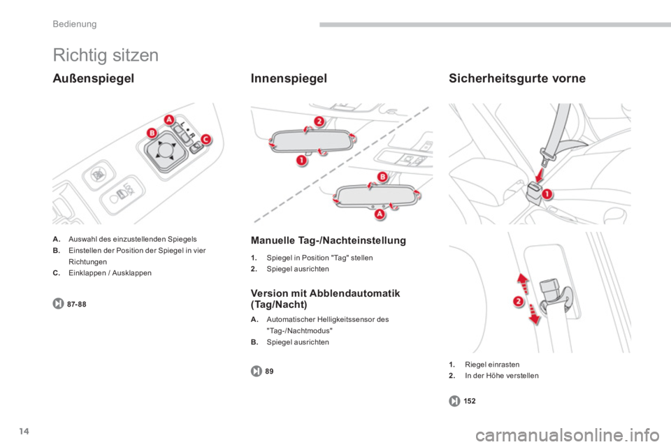 CITROEN C4 AIRCROSS 2014  Betriebsanleitungen (in German) 14
Bedienung
  Richtig sitzen 
 
 
Außenspiegel 
 
 
 
A. 
  Auswahl des einzustellenden Spiegels 
   
B. 
  Einstellen der Position der Spiegel in vier 
Richtungen 
   
C. 
  Einklappen / Ausklappen