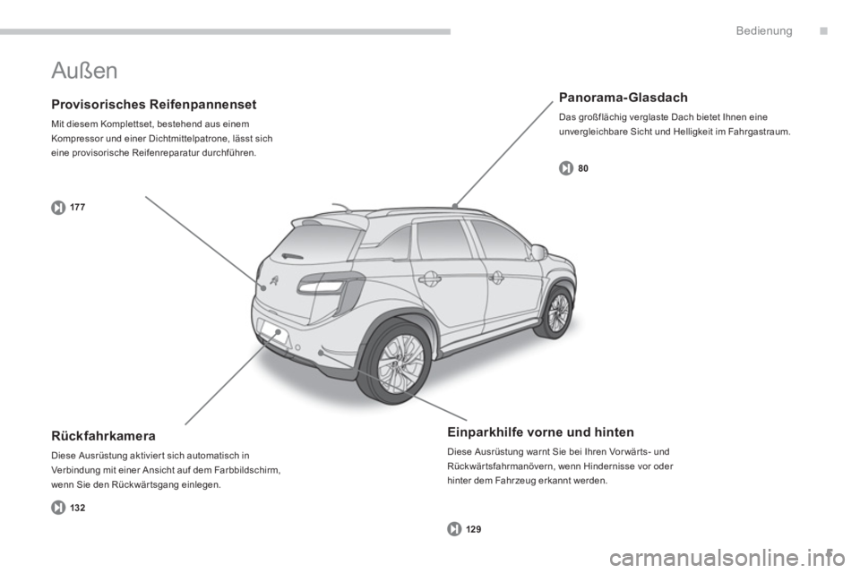 CITROEN C4 AIRCROSS 2014  Betriebsanleitungen (in German) .
5
Bedienung
   
Provisorisches Reifenpannenset 
 
Mit diesem Komplettset, bestehend aus einem 
Kompressor und einer Dichtmittelpatrone, lässt sich 
eine provisorische Reifenreparatur durchführen. 