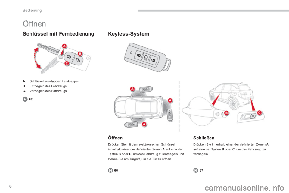 CITROEN C4 AIRCROSS 2014  Betriebsanleitungen (in German) 6
Bedienung
  Öffnen 
 
 
 
A. 
  Schlüssel ausklappen / einklappen 
   
B. 
  Entriegeln des Fahrzeugs 
   
C. 
  Verriegeln des Fahrzeugs  
 
 
 
Schlüssel mit Fernbedienung 
67
 
 
Öffnen 
 
Dr