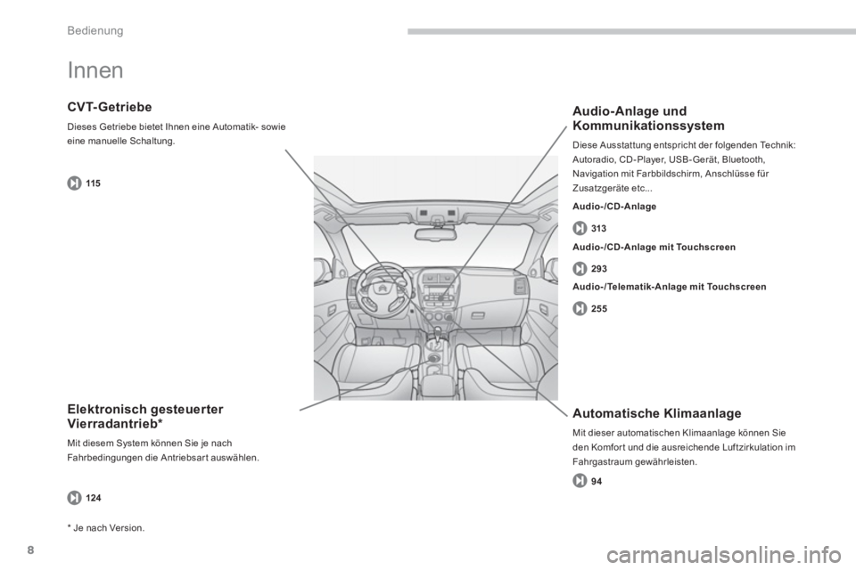 CITROEN C4 AIRCROSS 2014  Betriebsanleitungen (in German) 8
Bedienung
  Innen  
 
 
Elektronisch gesteuerter 
Vierradantrieb *  
 
Mit diesem System können Sie je nach 
Fahrbedingungen die Antriebsar t auswählen.  
 
 
CVT- Getriebe 
 
Dieses Getriebe biet