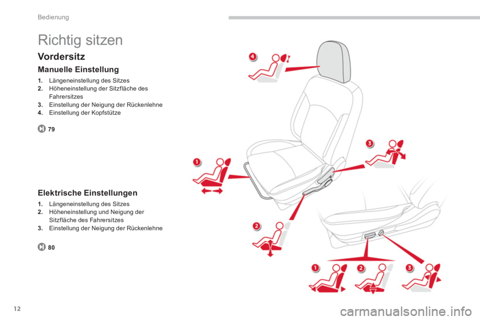 CITROEN C4 AIRCROSS 2013  Betriebsanleitungen (in German) 12
Bedienung
  Richtig sitzen 
Vordersitz
79
Manuelle Einstellung
1. 
 Längeneinstellung des Sitzes 2. 
 Höheneinstellung der Sitzfläche des 
Fahrersitzes 3.Einstellung der Neigung der Rückenlehne