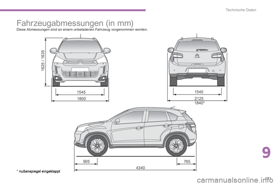 CITROEN C4 AIRCROSS 2013  Betriebsanleitungen (in German) 9
221
Technische Daten
   
 
 
 
Fahrzeugabmessungen (in mm)  
Diese Abmessungen sind an einem unbeladenen Fahrzeug vorgenommen worden. 
* A 