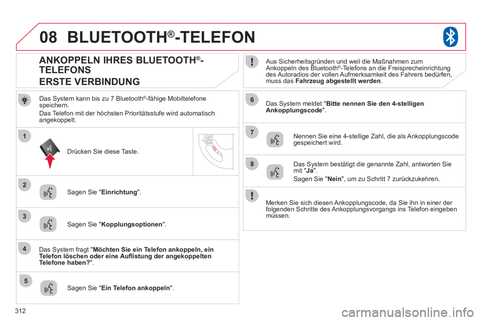 CITROEN C4 AIRCROSS 2013 Betriebsanleitungen (in German) 312
08
2
4
1
6
8
3
5
7
BLUETOOTH® -TELEFON®
Das System kann bis zu 7 Bluetooth ®-fähige Mobiltelefone
speichern.
D
as Telefon mit der höchsten Prioritätsstufe wird automatischangekoppelt. CITROEN C4 AIRCROSS 2013 Betriebsanleitungen (in German) 312
08
2
4
1
6
8
3
5
7
BLUETOOTH® -TELEFON®
Das System kann bis zu 7 Bluetooth ®-fähige Mobiltelefone
speichern.
D
as Telefon mit der höchsten Prioritätsstufe wird automatischangekoppelt.
