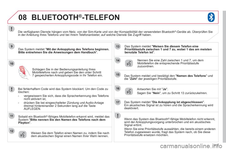 CITROEN C4 AIRCROSS 2013 Betriebsanleitungen (in German) 313
10
08
9
11
12
13
14
15
16
17
Schlagen Sie in der Bedienungsanleitung IhresMobiltelefons nach und geben Sie den unter Schritt7 gespeicherten Ankopplungscode in Ihr Telefon ein.
BLUETOOTH®
-TELE CITROEN C4 AIRCROSS 2013 Betriebsanleitungen (in German) 313
10
08
9
11
12
13
14
15
16
17
Schlagen Sie in der Bedienungsanleitung IhresMobiltelefons nach und geben Sie den unter Schritt7 gespeicherten Ankopplungscode in Ihr Telefon ein.
BLUETOOTH®
-TELE