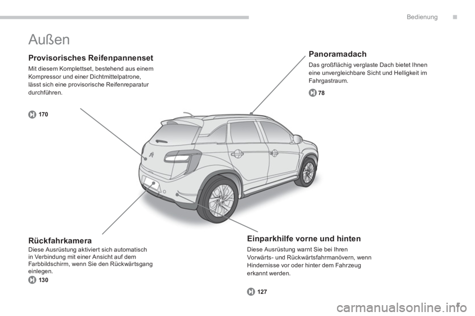 CITROEN C4 AIRCROSS 2013  Betriebsanleitungen (in German) .
5
Bedienung
   
Provisorisches Reifenpannenset
 
Mit diesem Komplettset, bestehend aus einem
Kompressor und einer Dichtmittelpatrone, 
lässt sich eine provisorische Rei
fenreparatur durchführen.
1