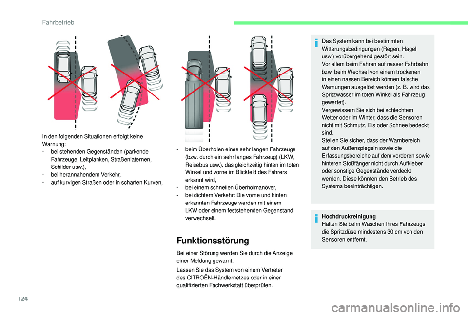 CITROEN C4 CACTUS 2019  Betriebsanleitungen (in German) 124
Lassen Sie das System von einem Vertreter 
des CITROËN-Händlernetzes oder in einer 
qualifizierten Fachwerkstatt überprüfen.
In den folgenden Situationen erfolgt keine 
Warnung:
-
 b

ei stehe