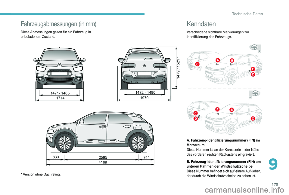 CITROEN C4 CACTUS 2019  Betriebsanleitungen (in German) 179
Kenndaten
Verschiedene sichtbare Markierungen zur 
Identifizierung des Fahrzeugs.
A. Fahrzeug-Identifizierungsnummer (FIN) im 
Motorraum. 
Diese Nummer ist an der Karosserie in der Nähe 
des vord